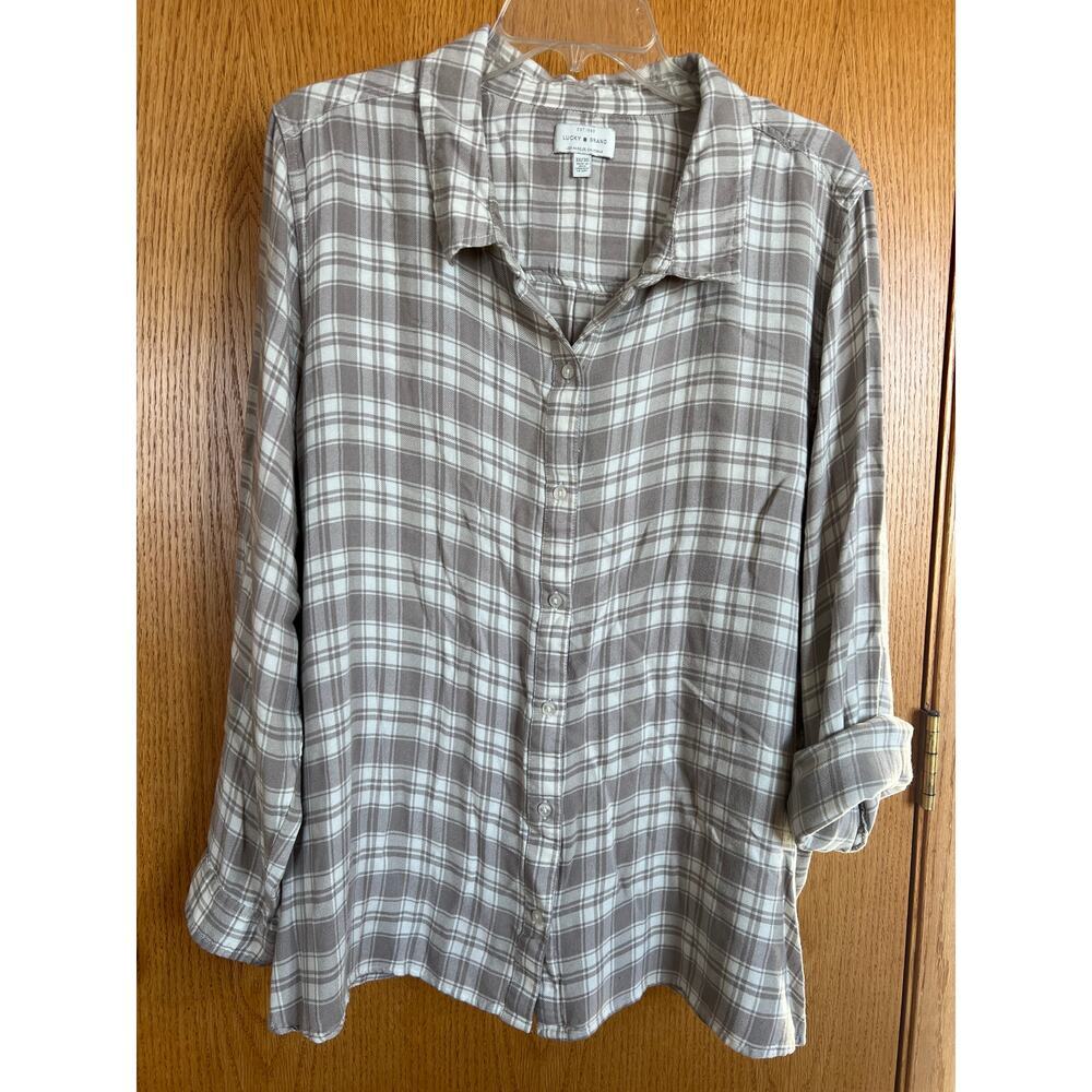 Lucky Brand soft neutral plaid button down long sleeve shirt, Women's size 3X
